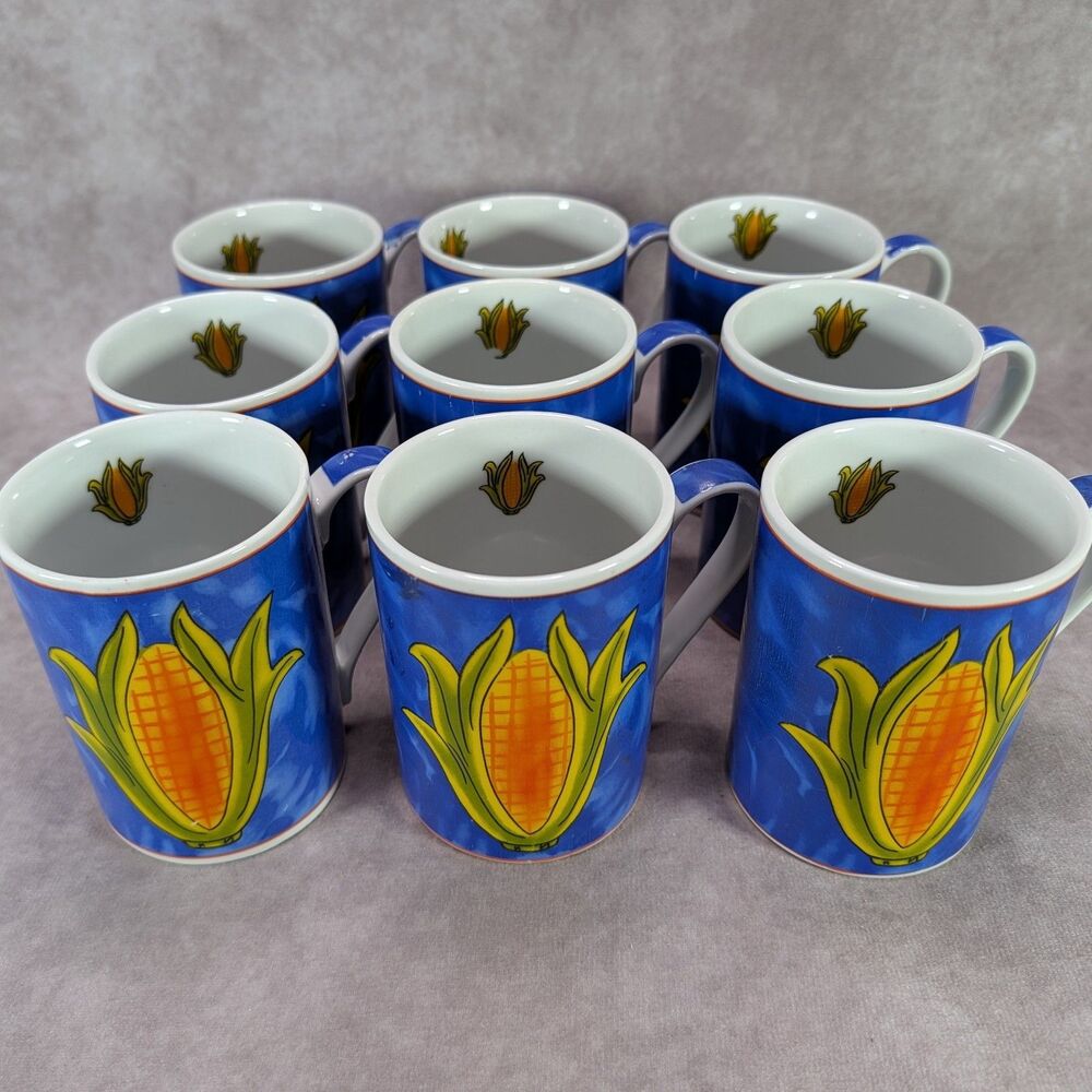 Lot of 9 Vintage Ceramic Corn on the Cob Coffee Mugs Blue Yellow Vegetable Cups